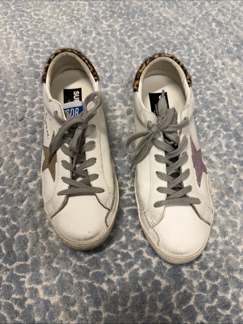 Golden Goose White Leather Sneakers with Gold and Purple Stars